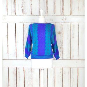 80s vintage blue purple striped tribal print slouchy pullover knit sweater